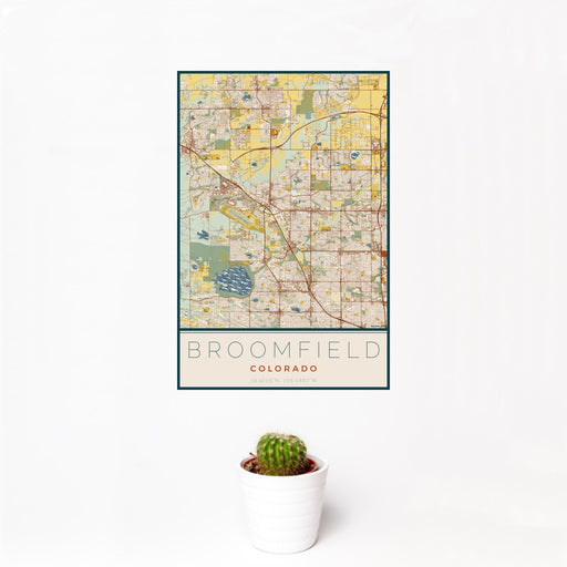 12x18 Broomfield Colorado Map Print Portrait Orientation in Woodblock Style With Small Cactus Plant in White Planter