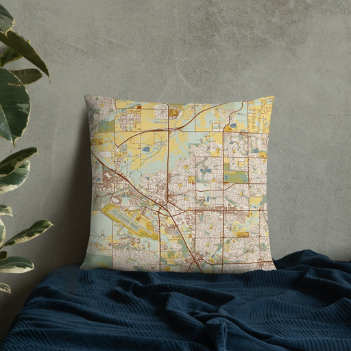 Custom Broomfield Colorado Map Throw Pillow in Woodblock on Bedding Against Wall