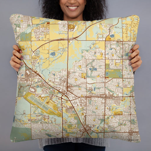 Person holding 22x22 Custom Broomfield Colorado Map Throw Pillow in Woodblock