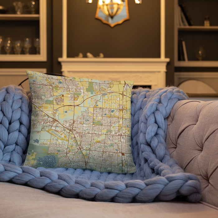 Custom Broomfield Colorado Map Throw Pillow in Woodblock on Cream Colored Couch