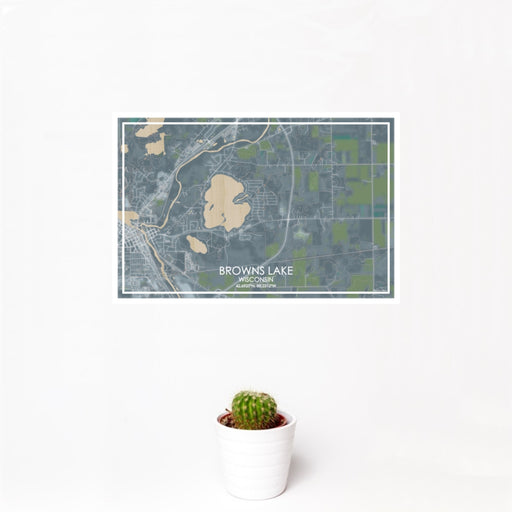 12x18 Browns Lake Wisconsin Map Print Landscape Orientation in Afternoon Style With Small Cactus Plant in White Planter