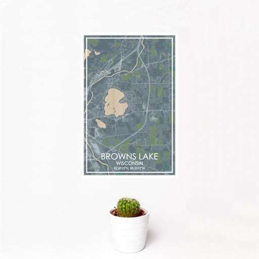 12x18 Browns Lake Wisconsin Map Print Portrait Orientation in Afternoon Style With Small Cactus Plant in White Planter