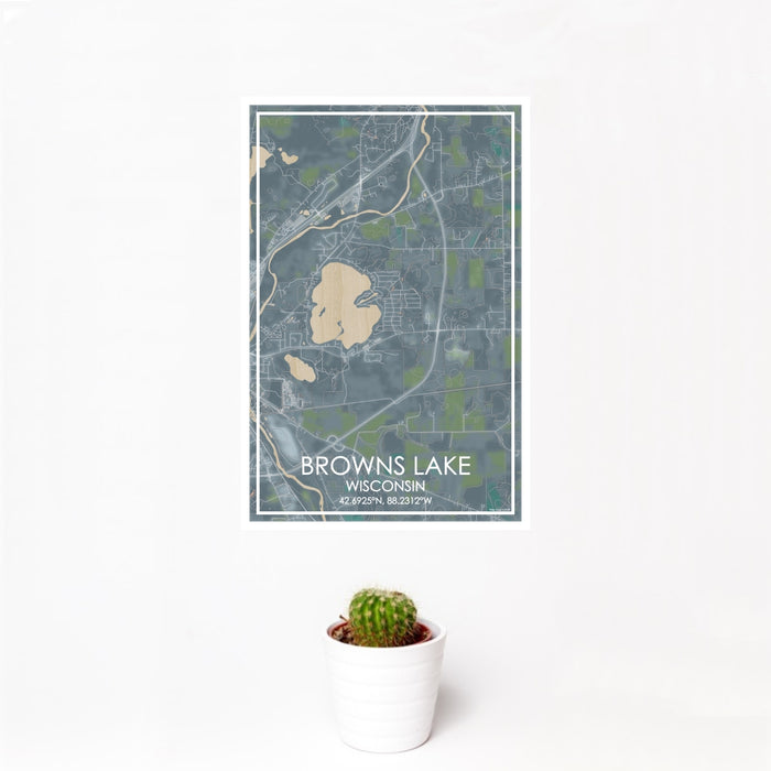 12x18 Browns Lake Wisconsin Map Print Portrait Orientation in Afternoon Style With Small Cactus Plant in White Planter