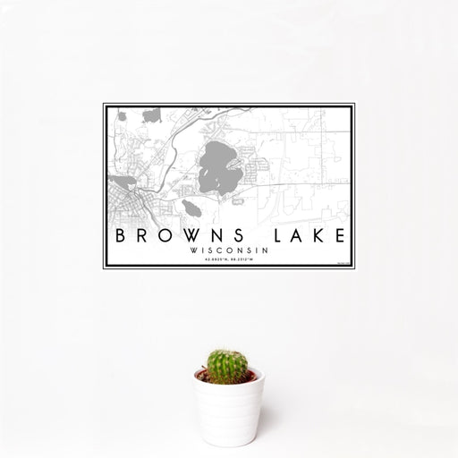 12x18 Browns Lake Wisconsin Map Print Landscape Orientation in Classic Style With Small Cactus Plant in White Planter