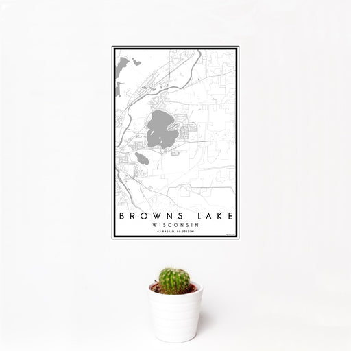 12x18 Browns Lake Wisconsin Map Print Portrait Orientation in Classic Style With Small Cactus Plant in White Planter