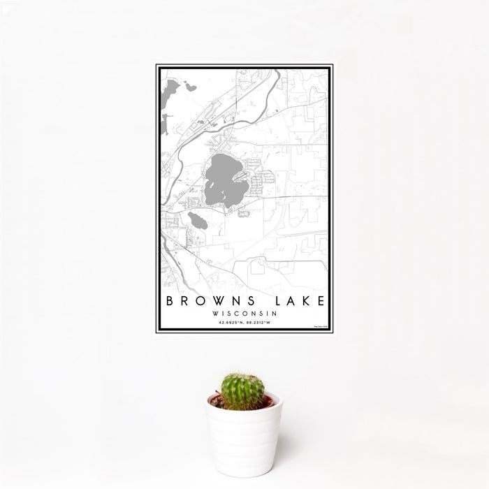 12x18 Browns Lake Wisconsin Map Print Portrait Orientation in Classic Style With Small Cactus Plant in White Planter