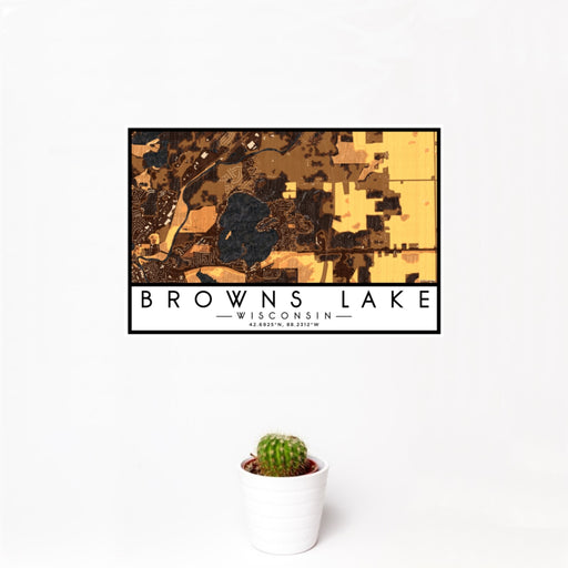 12x18 Browns Lake Wisconsin Map Print Landscape Orientation in Ember Style With Small Cactus Plant in White Planter
