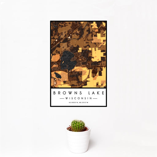 12x18 Browns Lake Wisconsin Map Print Portrait Orientation in Ember Style With Small Cactus Plant in White Planter