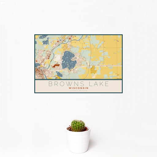 12x18 Browns Lake Wisconsin Map Print Landscape Orientation in Woodblock Style With Small Cactus Plant in White Planter