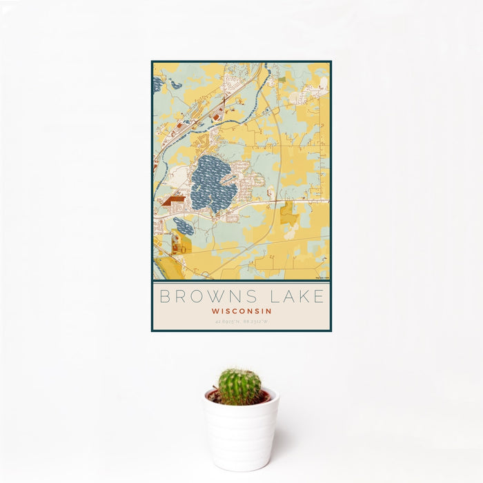 12x18 Browns Lake Wisconsin Map Print Portrait Orientation in Woodblock Style With Small Cactus Plant in White Planter