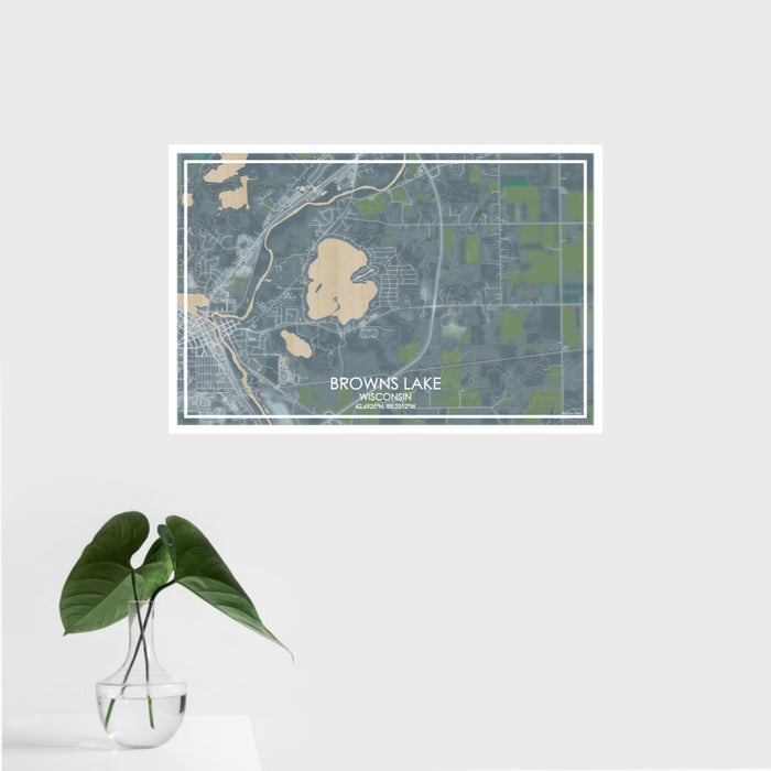 16x24 Browns Lake Wisconsin Map Print Landscape Orientation in Afternoon Style With Tropical Plant Leaves in Water