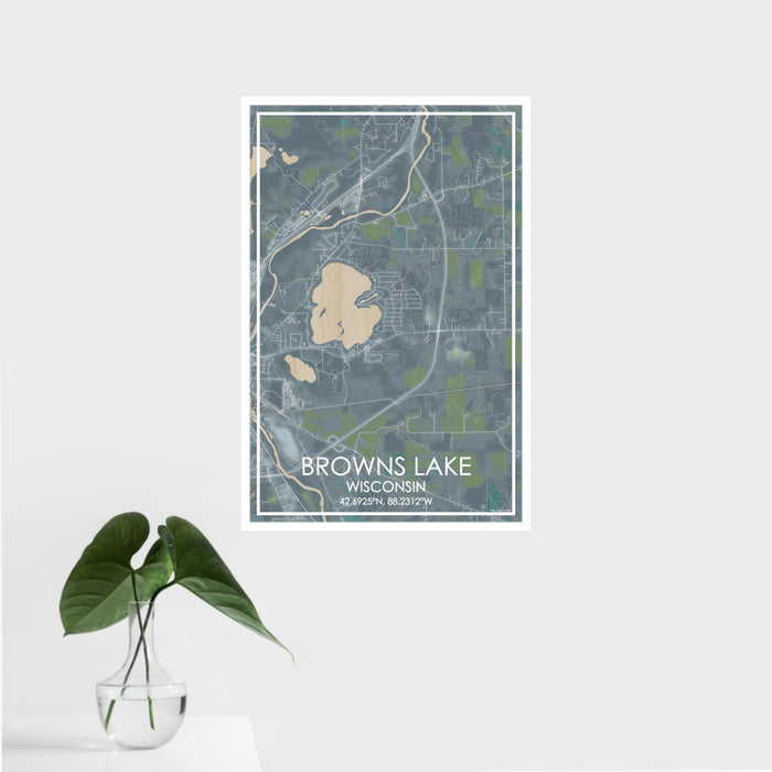 16x24 Browns Lake Wisconsin Map Print Portrait Orientation in Afternoon Style With Tropical Plant Leaves in Water