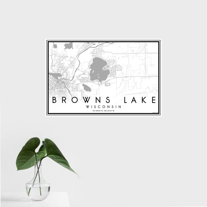 16x24 Browns Lake Wisconsin Map Print Landscape Orientation in Classic Style With Tropical Plant Leaves in Water