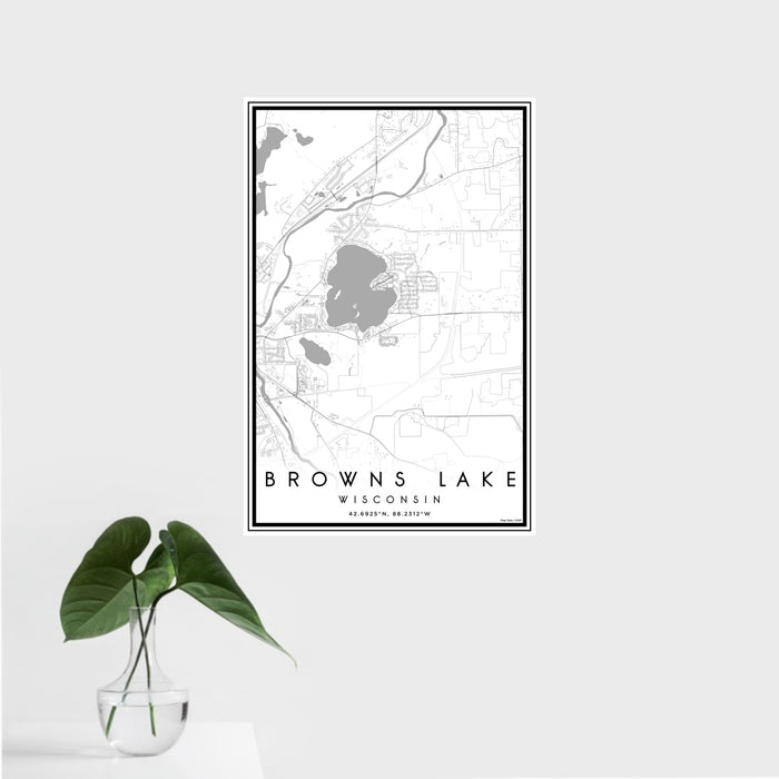 16x24 Browns Lake Wisconsin Map Print Portrait Orientation in Classic Style With Tropical Plant Leaves in Water