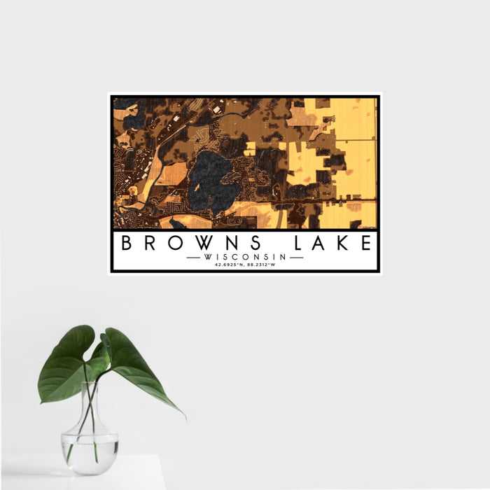 16x24 Browns Lake Wisconsin Map Print Landscape Orientation in Ember Style With Tropical Plant Leaves in Water