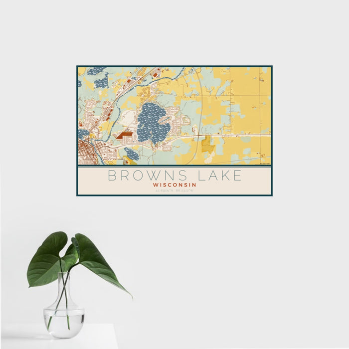 16x24 Browns Lake Wisconsin Map Print Landscape Orientation in Woodblock Style With Tropical Plant Leaves in Water