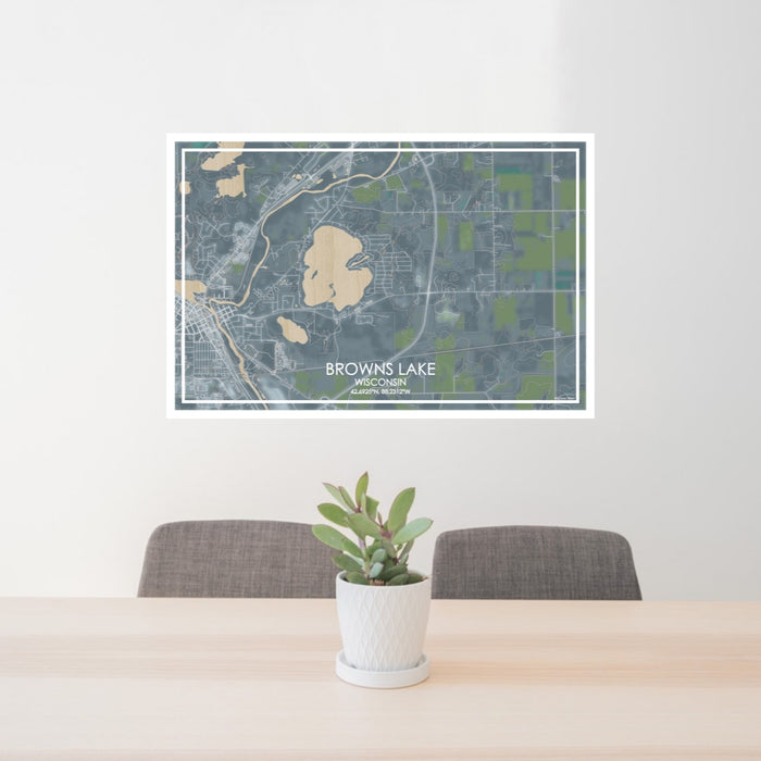 24x36 Browns Lake Wisconsin Map Print Lanscape Orientation in Afternoon Style Behind 2 Chairs Table and Potted Plant