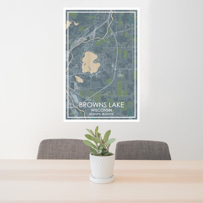 24x36 Browns Lake Wisconsin Map Print Portrait Orientation in Afternoon Style Behind 2 Chairs Table and Potted Plant