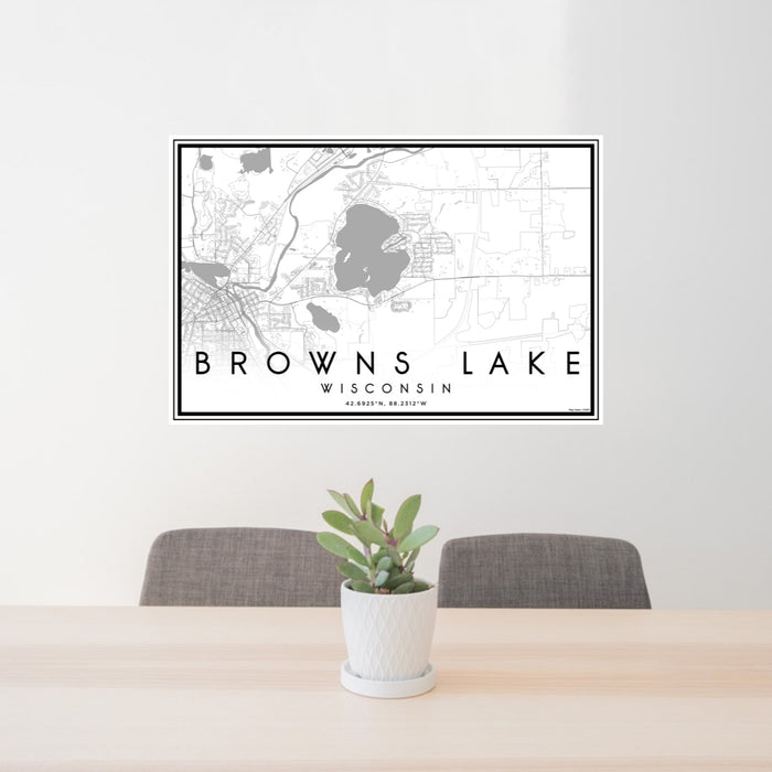 24x36 Browns Lake Wisconsin Map Print Lanscape Orientation in Classic Style Behind 2 Chairs Table and Potted Plant