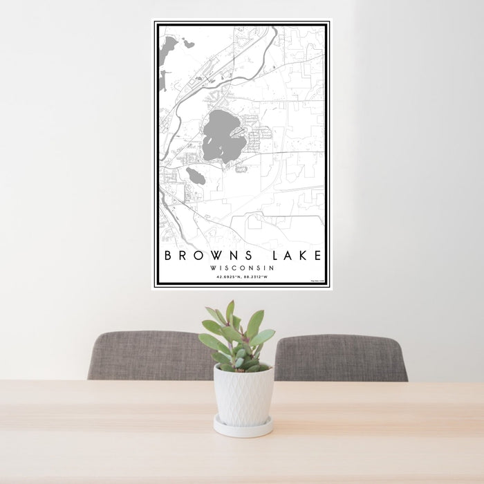 24x36 Browns Lake Wisconsin Map Print Portrait Orientation in Classic Style Behind 2 Chairs Table and Potted Plant