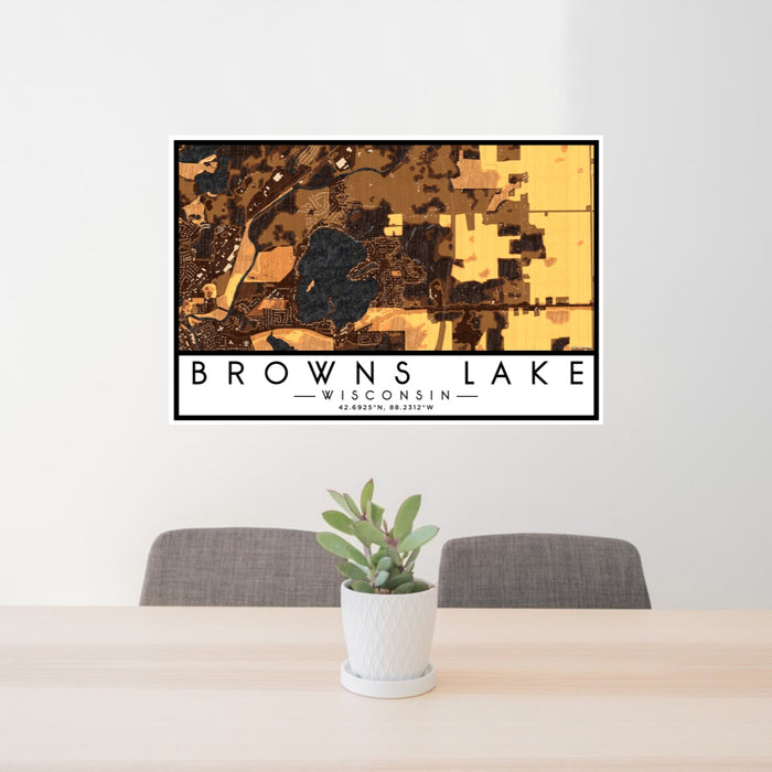 24x36 Browns Lake Wisconsin Map Print Lanscape Orientation in Ember Style Behind 2 Chairs Table and Potted Plant