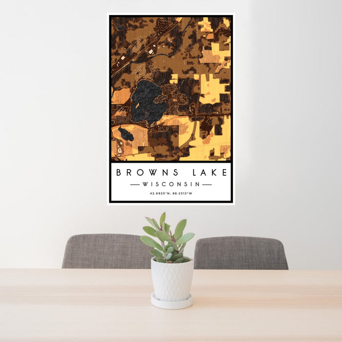 24x36 Browns Lake Wisconsin Map Print Portrait Orientation in Ember Style Behind 2 Chairs Table and Potted Plant