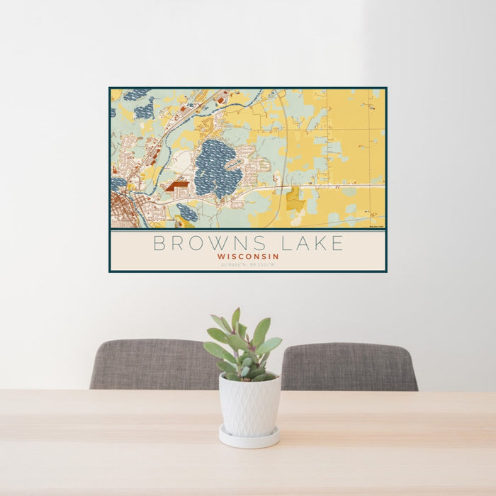 24x36 Browns Lake Wisconsin Map Print Lanscape Orientation in Woodblock Style Behind 2 Chairs Table and Potted Plant
