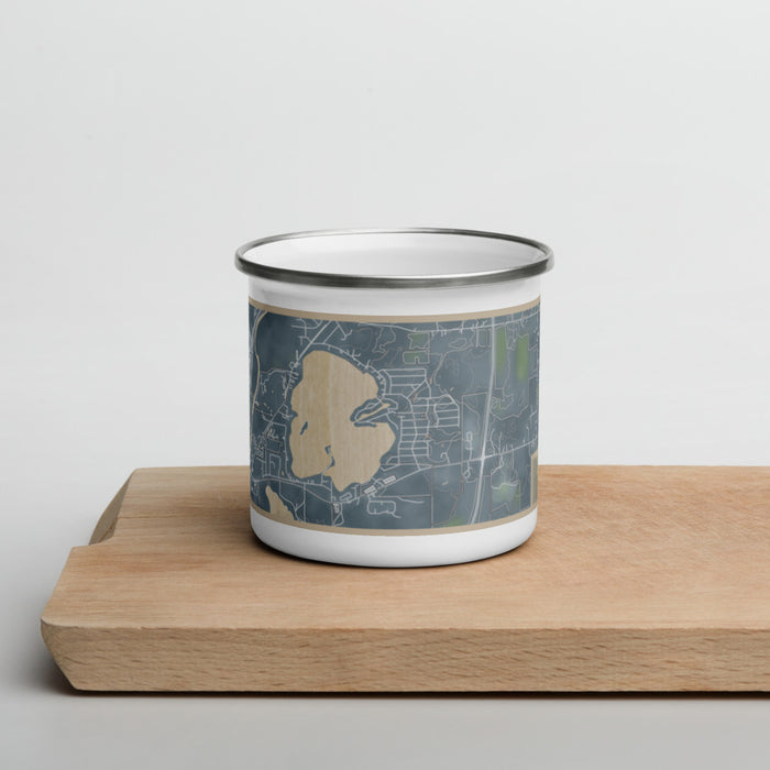 Front View Custom Browns Lake Wisconsin Map Enamel Mug in Afternoon on Cutting Board
