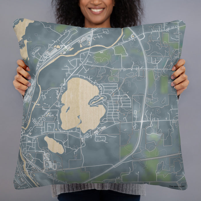 Person holding 22x22 Custom Browns Lake Wisconsin Map Throw Pillow in Afternoon