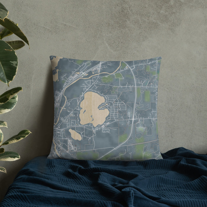 Custom Browns Lake Wisconsin Map Throw Pillow in Afternoon on Bedding Against Wall