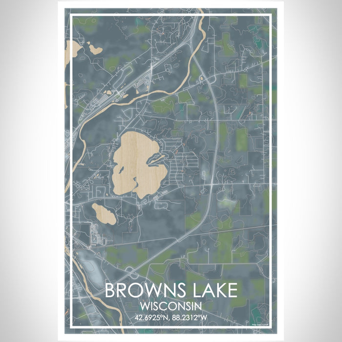 Browns Lake Wisconsin Map Print Portrait Orientation in Afternoon Style With Shaded Background