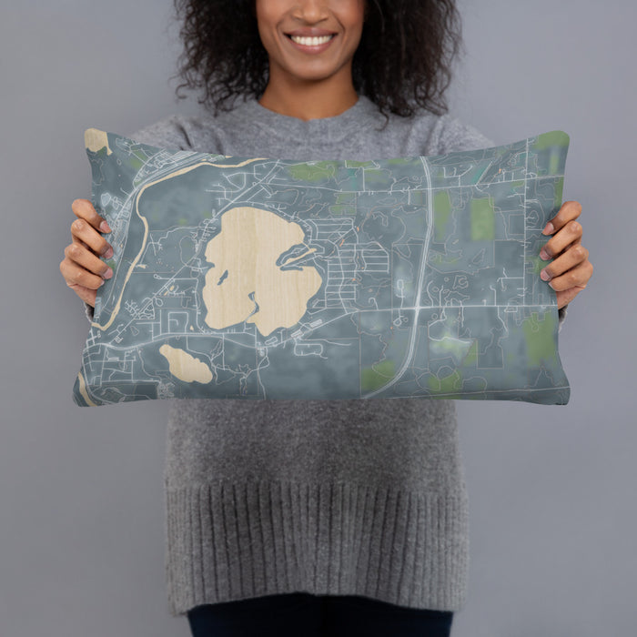 Person holding 20x12 Custom Browns Lake Wisconsin Map Throw Pillow in Afternoon