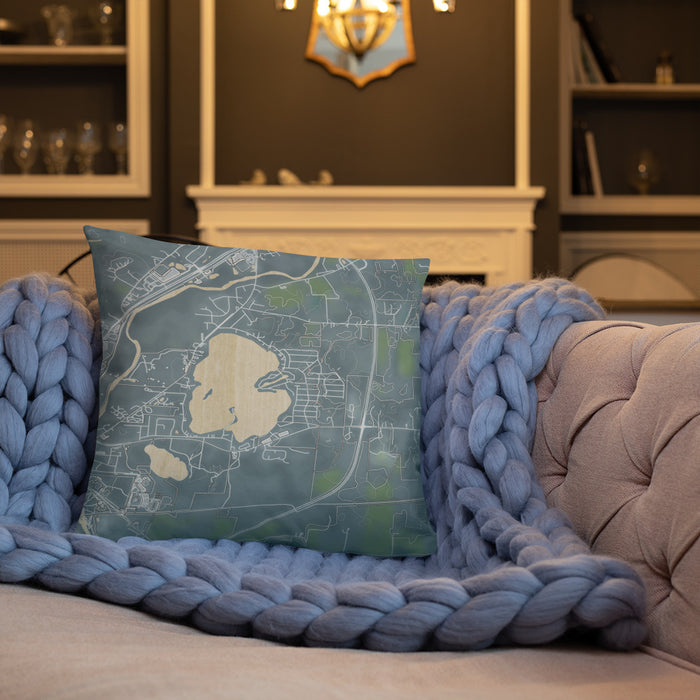 Custom Browns Lake Wisconsin Map Throw Pillow in Afternoon on Cream Colored Couch