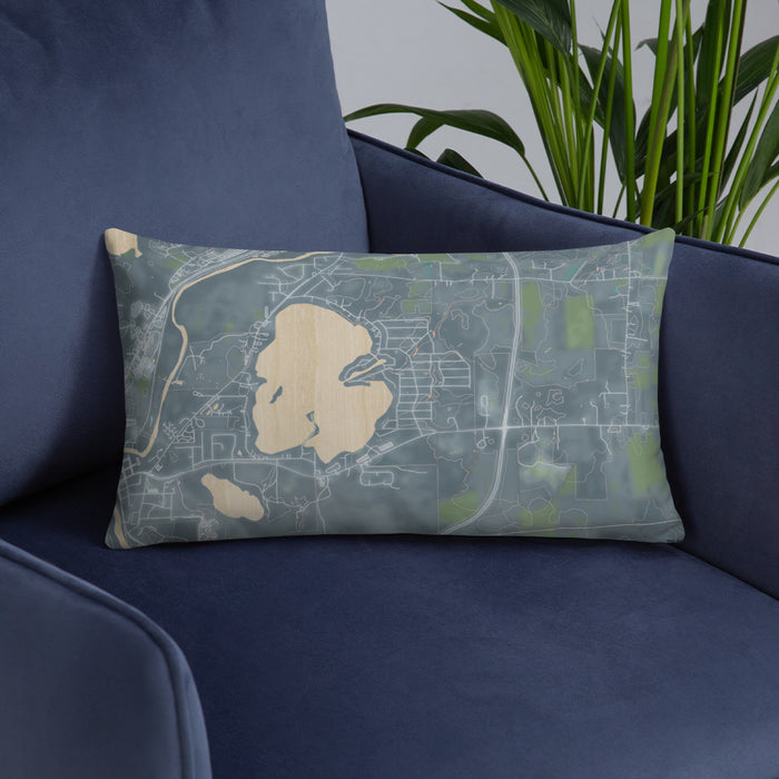 Custom Browns Lake Wisconsin Map Throw Pillow in Afternoon on Blue Colored Chair