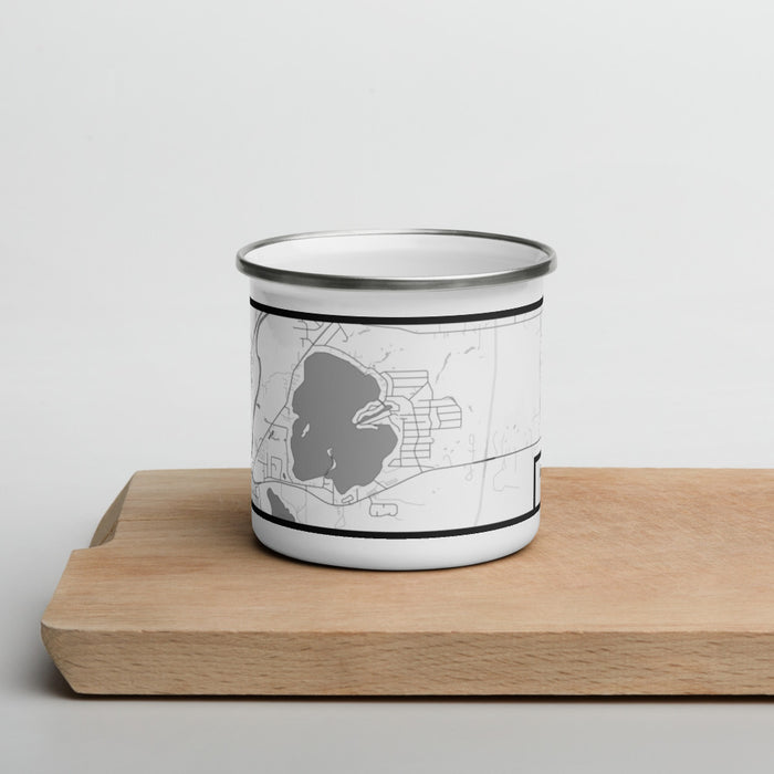 Front View Custom Browns Lake Wisconsin Map Enamel Mug in Classic on Cutting Board