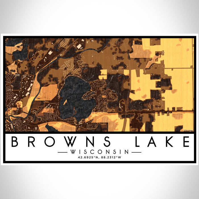 Browns Lake Wisconsin Map Print Landscape Orientation in Ember Style With Shaded Background