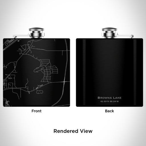 Rendered View of Browns Lake Wisconsin Map Engraving on 6oz Stainless Steel Flask in Black