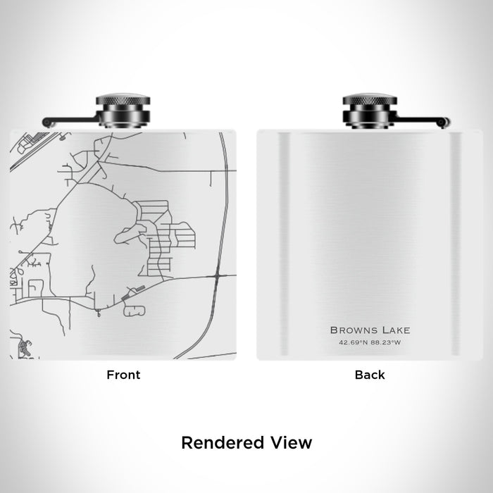 Rendered View of Browns Lake Wisconsin Map Engraving on 6oz Stainless Steel Flask in White