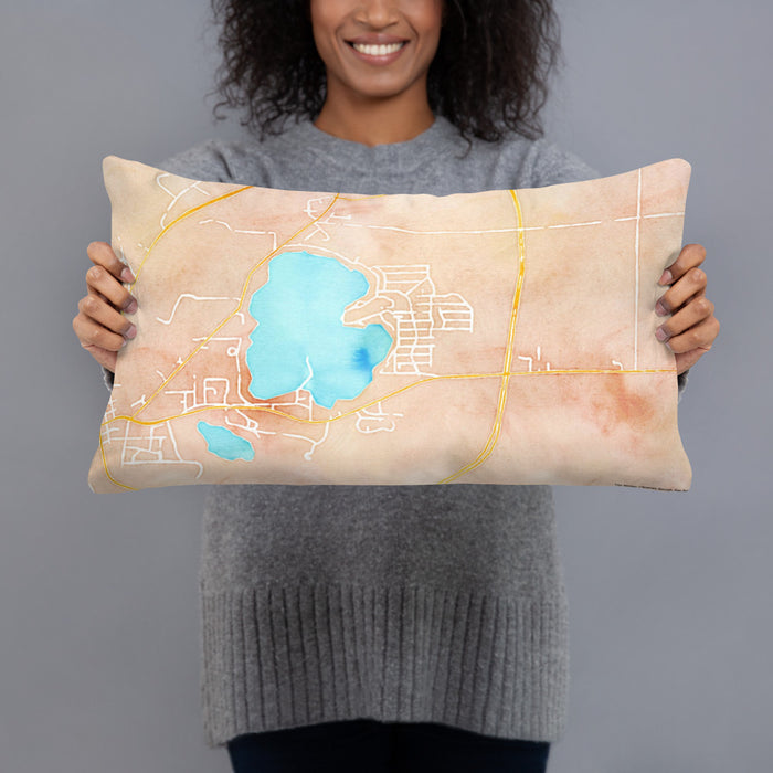Person holding 20x12 Custom Browns Lake Wisconsin Map Throw Pillow in Watercolor