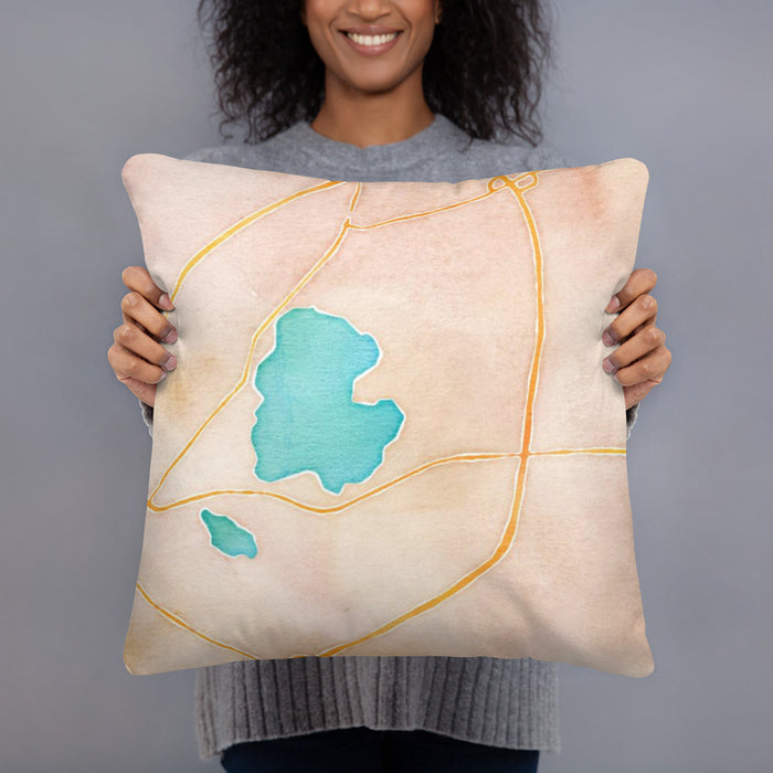 Person holding 18x18 Custom Browns Lake Wisconsin Map Throw Pillow in Watercolor