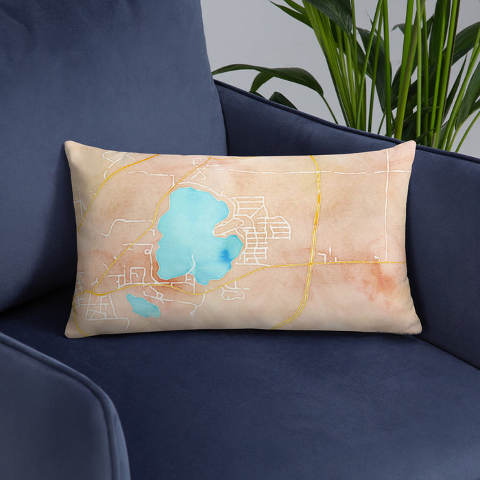Custom Browns Lake Wisconsin Map Throw Pillow in Watercolor on Blue Colored Chair