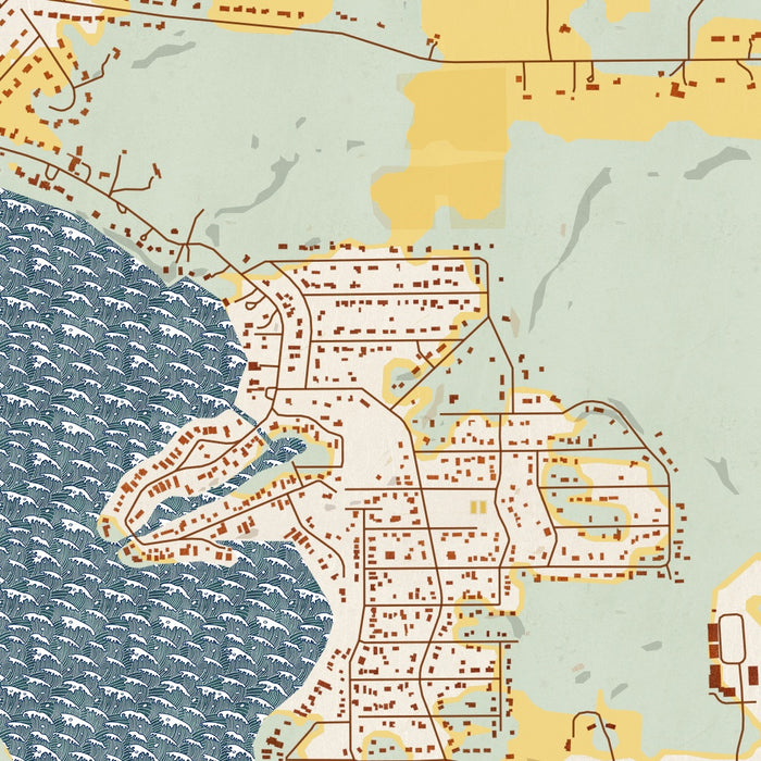 Browns Lake Wisconsin Map Print in Woodblock Style Zoomed In Close Up Showing Details