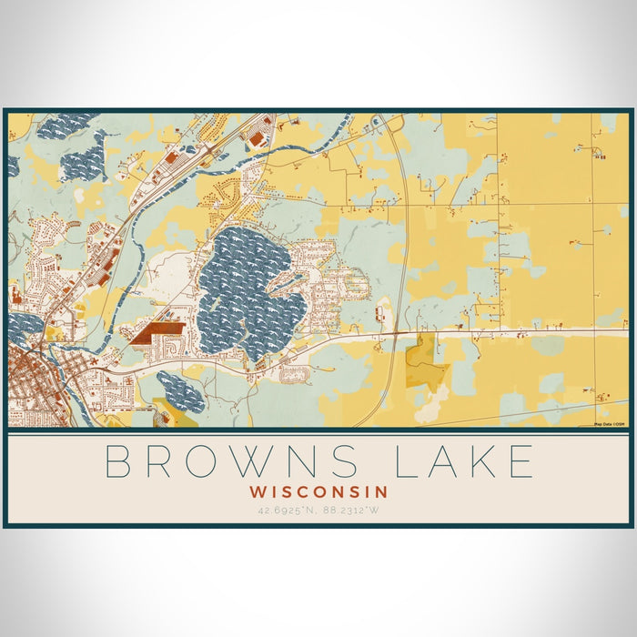 Browns Lake Wisconsin Map Print Landscape Orientation in Woodblock Style With Shaded Background