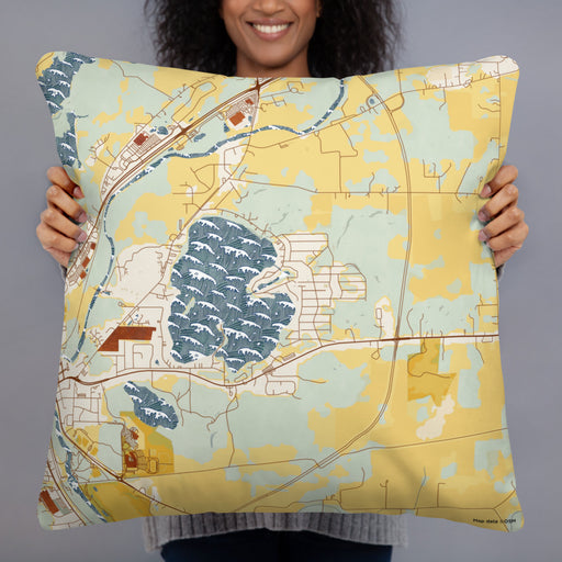 Person holding 22x22 Custom Browns Lake Wisconsin Map Throw Pillow in Woodblock