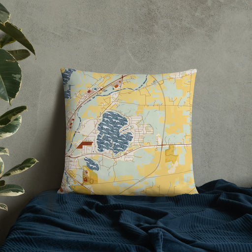 Custom Browns Lake Wisconsin Map Throw Pillow in Woodblock on Bedding Against Wall
