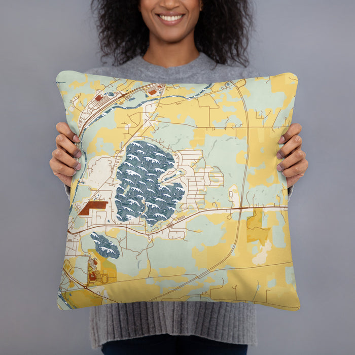 Person holding 18x18 Custom Browns Lake Wisconsin Map Throw Pillow in Woodblock