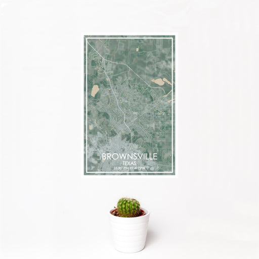 12x18 Brownsville Texas Map Print Portrait Orientation in Afternoon Style With Small Cactus Plant in White Planter