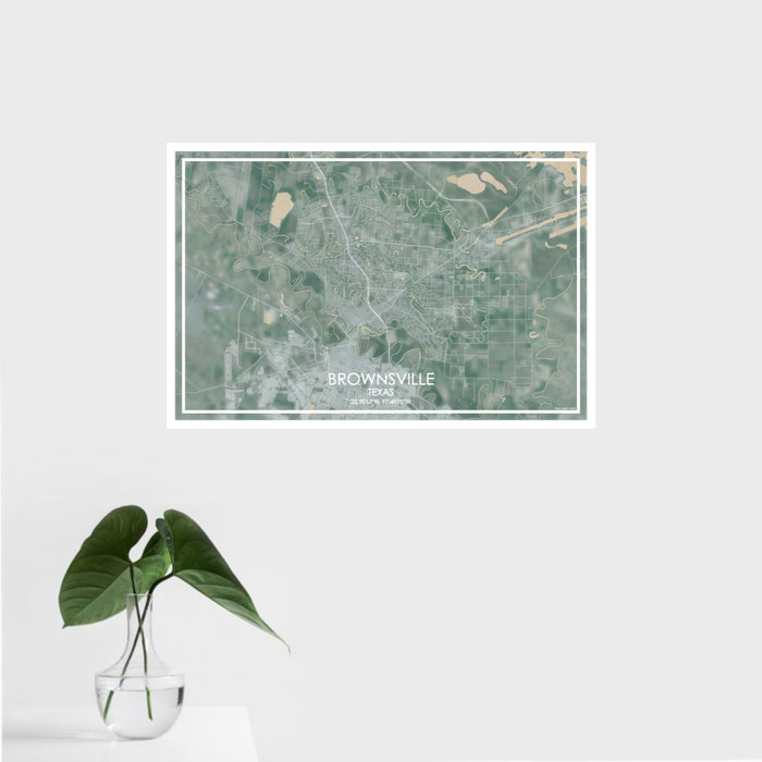 16x24 Brownsville Texas Map Print Landscape Orientation in Afternoon Style With Tropical Plant Leaves in Water