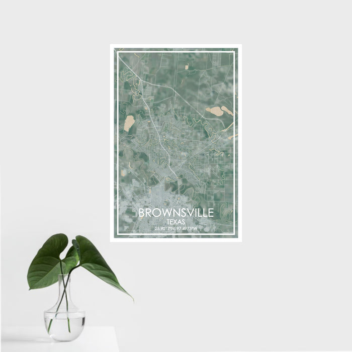 16x24 Brownsville Texas Map Print Portrait Orientation in Afternoon Style With Tropical Plant Leaves in Water