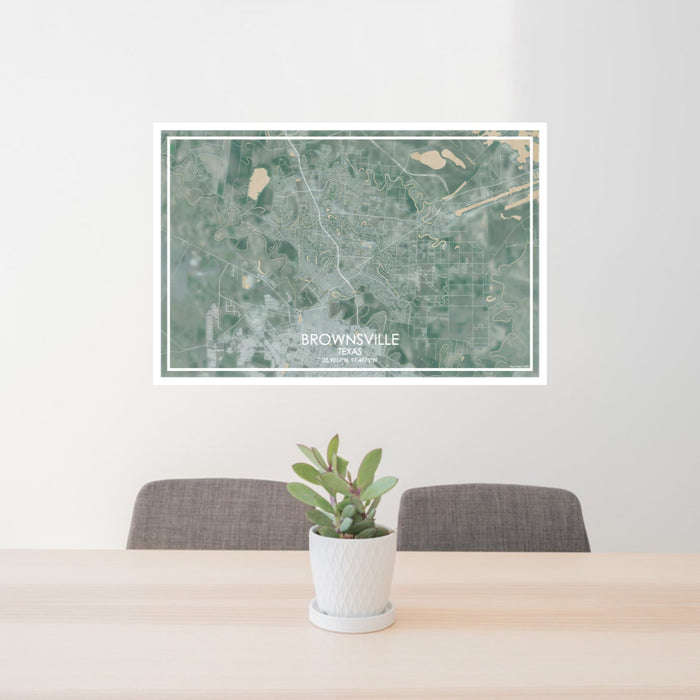 24x36 Brownsville Texas Map Print Lanscape Orientation in Afternoon Style Behind 2 Chairs Table and Potted Plant